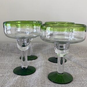 Set of four Sauza Tequila Margarita glasses Hand Blown Green Base.